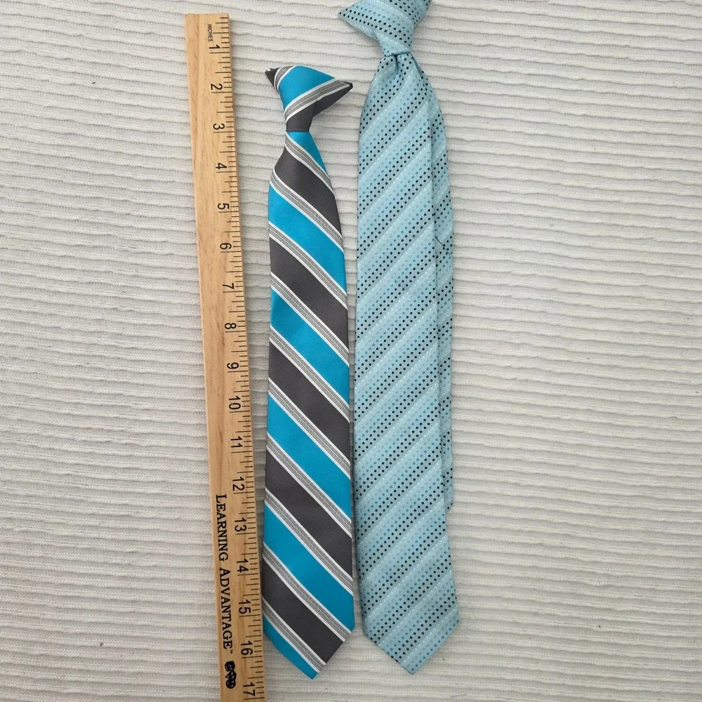 Boys Clip On Necktie Set of 2 Turquoise Grey Stripe Light Blue Dotted RN 29526